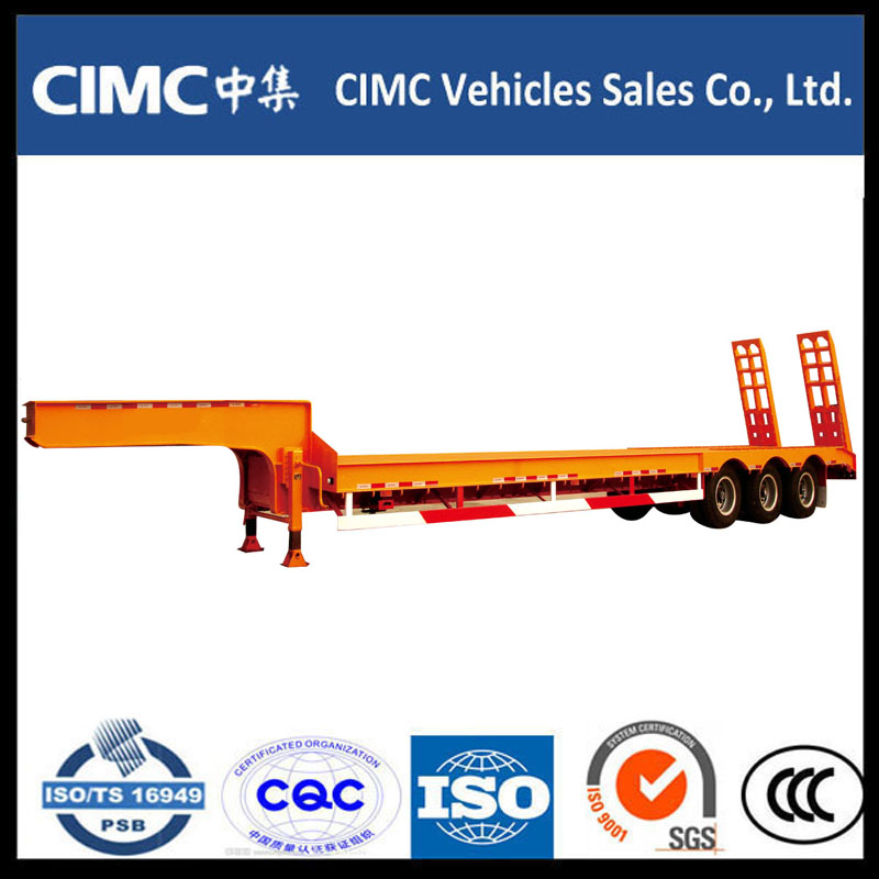 Cimc 3 Axle 70ton Low Bed Semi Trailer with Hydraulic Ramp